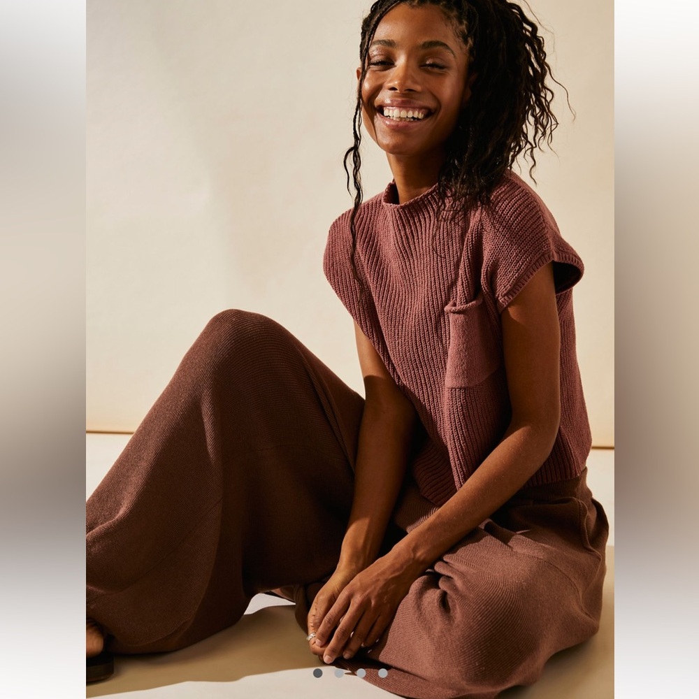 Free People Wide-Leg Knit Pants & Top Set in Dusty Rose Brown